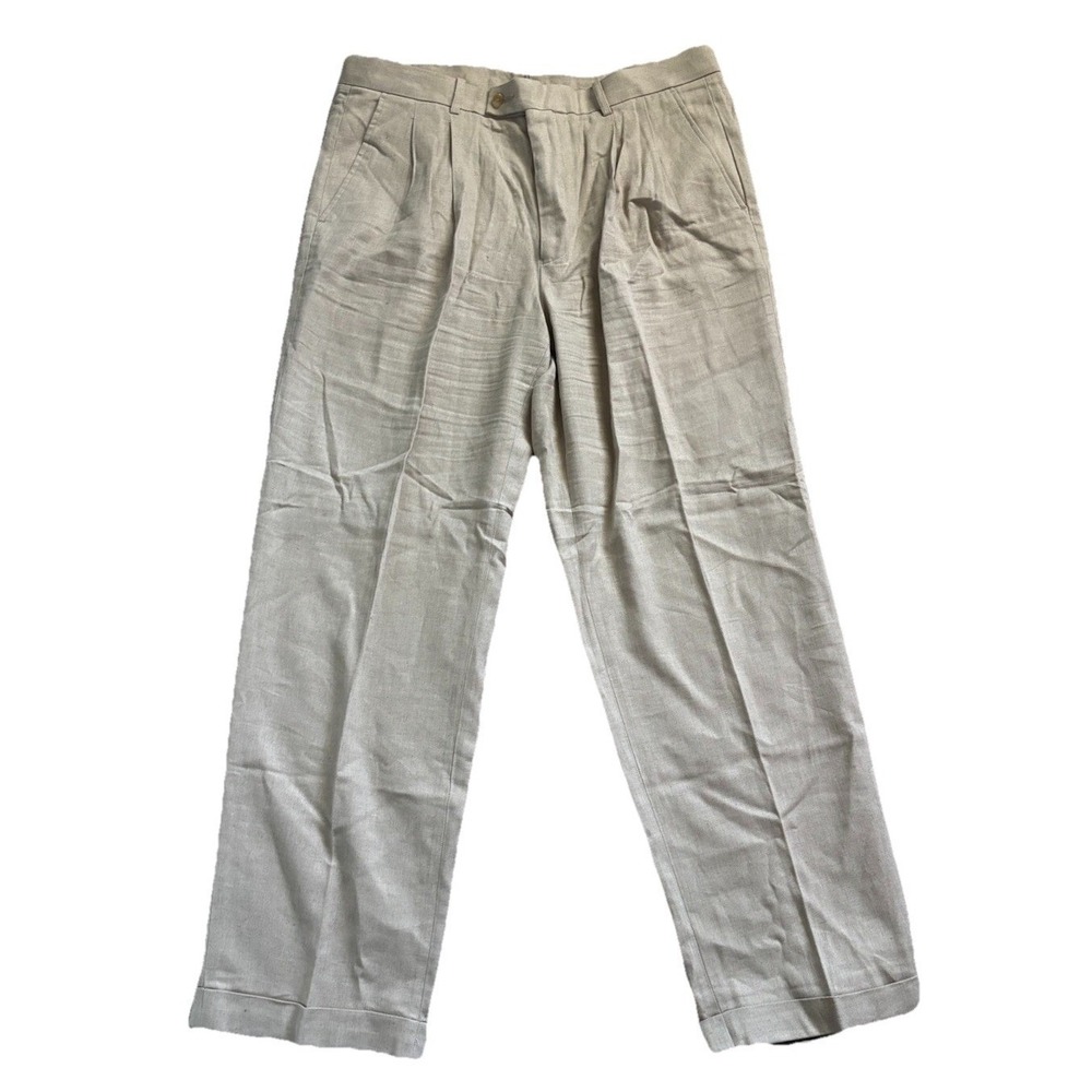 Vtg Chereskin Pleated Linen Cotton Dress Pants Men 36x31 Tan Beige Relax Cuffed